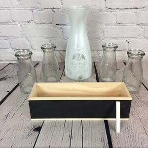 Farmhouse Decor 4 Small-1 Large Milk Bottles & Crate w/Chalkboard Front Country